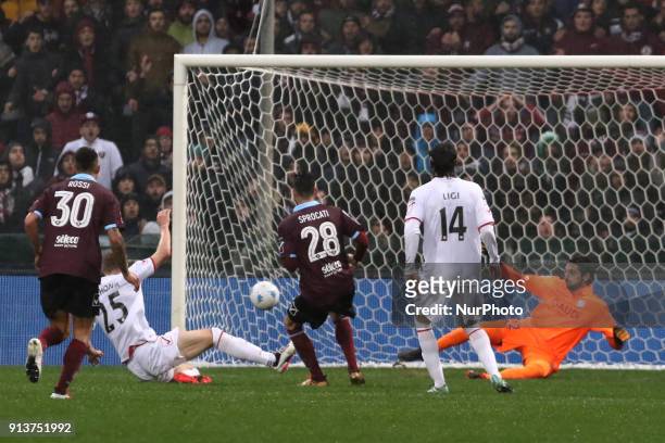 Mattia Sprocati scores a goal during Italy Serie B match between US Salernitana and Carpi FC at Stadium Arechi in Salerno, Italy, on 2 February 2018.