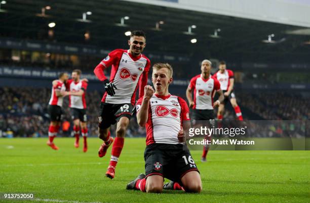 James Ward-Prowse of Southampton FC celebrates after scoring from a free kick during the Premier League match between West Bromwich Albion and...