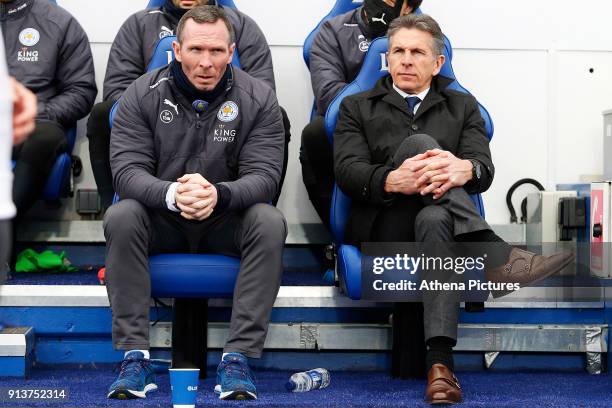 Leicester City manager Claude Puel and Leicester City assistant manager Michael Appleton prior to kick off of the Premier League match between...