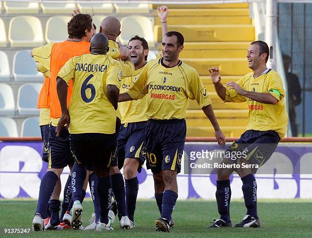 Modena FC players comgratulate Salvatore Bruno after he scored the winnning goal during the Serie B match between Modena FC and Reggina Calcio at...