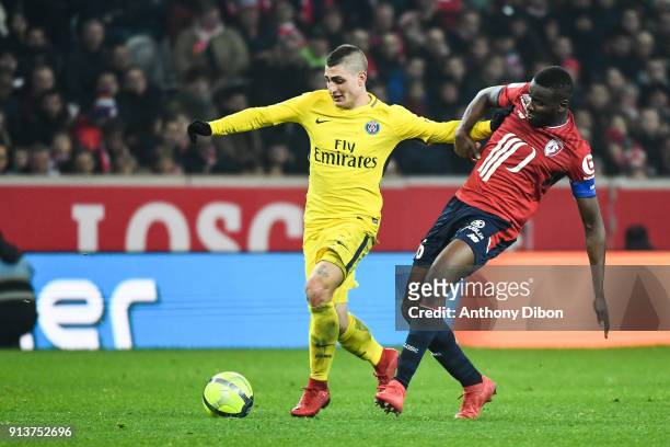 Marco Verratti of PSG and Ibrahim Amadou of Lille during the Ligue 1 match between Lille OSC and Paris Saint Germain PSG at Stade Pierre Mauroy on...