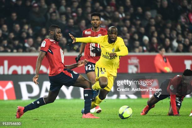 Ibrahim Amadou of Lille and Lassana Diarra of PSG during the Ligue 1 match between Lille OSC and Paris Saint Germain PSG at Stade Pierre Mauroy on...