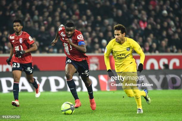 Ibrahim Amadou of Lille and Neymar Jr of PSG during the Ligue 1 match between Lille OSC and Paris Saint Germain PSG at Stade Pierre Mauroy on...