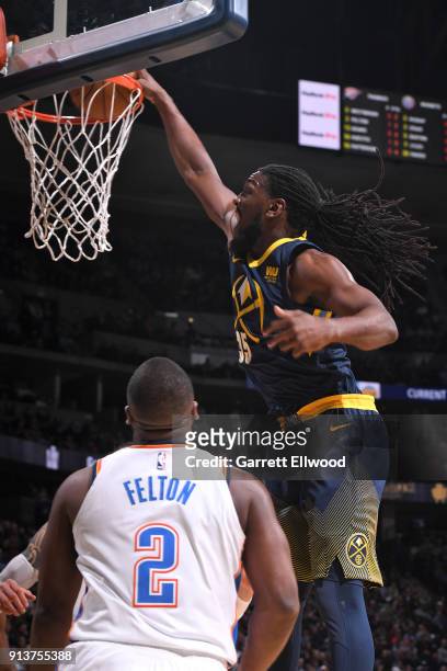 Kenneth Faried of the Denver Nuggets dunks the ball during the game against the Oklahoma City Thunder on February 1, 2018 at the Pepsi Center in...