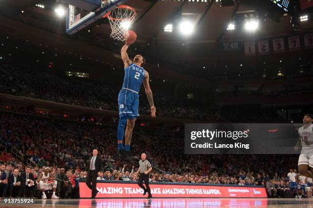 Gary Trent, Jr. #2 of the Duke Blue Devils goes up for a dunk against the St. John's Red Storm at Madison Square Garden on February 3, 2018 in New...