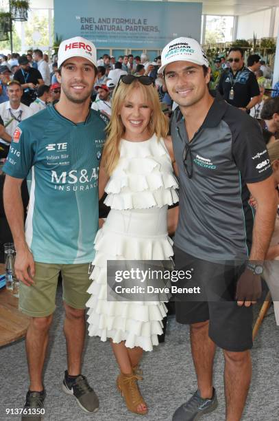 Kylie Minogue meets Formula E racing drivers Antonio Felix Da Costa and Nelson Piquet Jr at the ABB FIA Formula E Antofagasta Minerals Santiago...