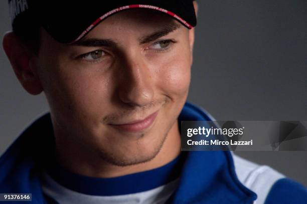 Jorge Lorenzo of Spain and Fiat Yamaha Team smiles during the press conference after the qualifying practice session ahead of the MotoGP of Portugal...