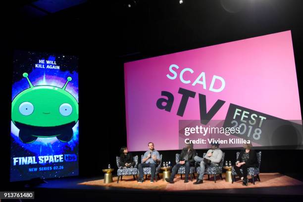 Rosa Tran, Devin Roth, Coty Galloway, Olan Rogers, and Liz Shannon Miller speak during a screening and Q&A for 'Final Space' on Day 3 of the SCAD...