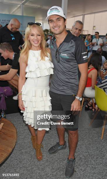 Kylie Minogue meets Formula E racing driver Nelson Piquet Jr. At the ABB FIA Formula E Antofagasta Minerals Santiago E-Prix on February 3, 2018 in...