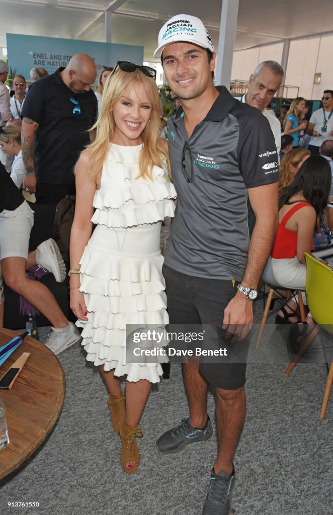 Kylie Minogue meets Formula E racing driver Nelson Piquet Jr. at the