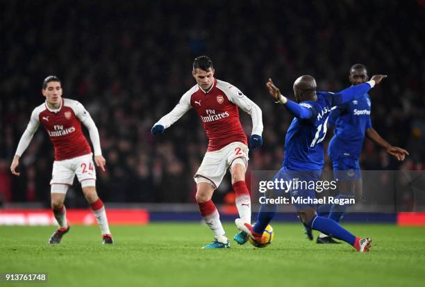 Granit Xhaka of Arsenal battles for possesion with Eliaquim Mangala of Everton during the Premier League match between Arsenal and Everton at...