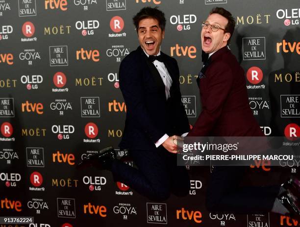 Spanish actors Joaquin Reyes and Ernesto Sevilla pose on the red carpet at the 32nd Goya awards ceremony in Madrid on February 3, 2018.
