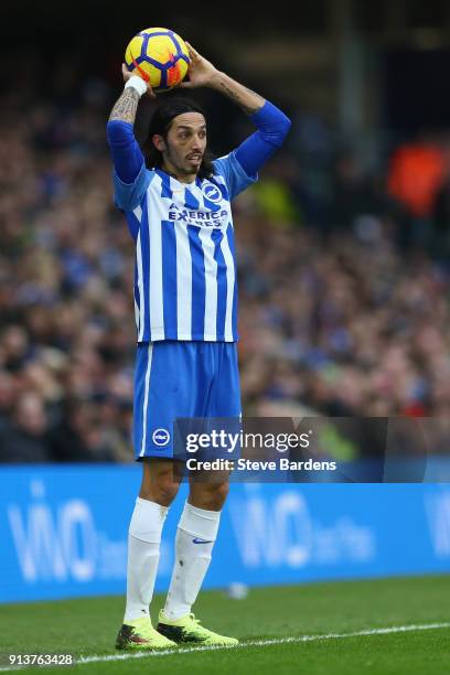 Matias Ezequiel Schelotto of Brighton and Hove Albion takes a show in during the Premier League match between Brighton and Hove Albion and West Ham...