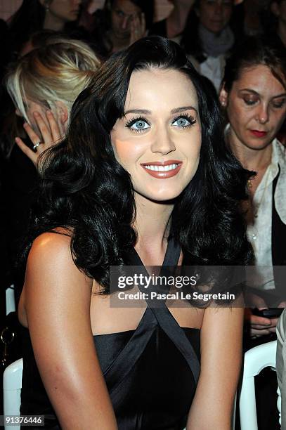 Katy Perry attends the Jean-Paul Gaultier Pret a Porter show during Paris Womenswear Fashion Week Spring/Summer 2010 on October 3, 2009 in Paris,...