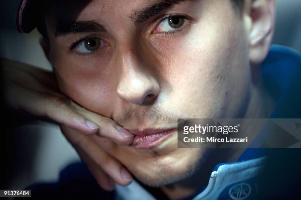 Jorge Lorenzo of Spain and Fiat Yamaha Team thinks during the press conference after the qualifying practice session ahead of the MotoGP of Portugal...