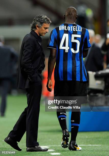 Inter Head Coach Jose Mourinho and Mario Balotelli during the Serie A match between FC Internazionale Milano and Udinese Calcio at Stadio Giuseppe...