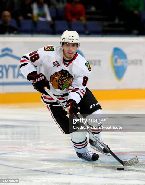 Patrick Kane of the Chicago Blackhawks in action during The Compuware/NHL Premiere Helsinki series match between the Chicago Blackhawks and the...