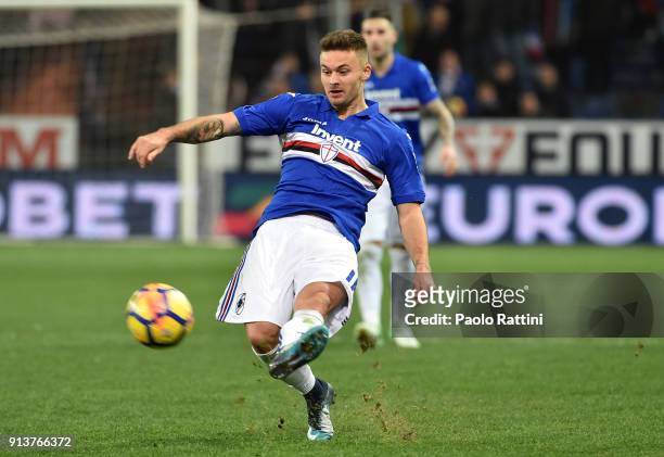 Karol Linetty of Sampdoria in action during the serie A match between UC Sampdoria and Torino FC at Stadio Luigi Ferraris on February 3, 2018 in...