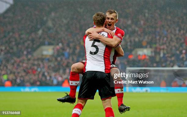 James Ward-Prowse and Jack Stephens of Southampton FC celebrate during the Premier League match between West Bromwich Albion and Southampton at The...