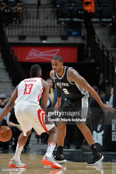 James Harden of the Houston Rockets handles the ball against Kawhi Leonard of the San Antonio Spurs during the game between the two teams on February...