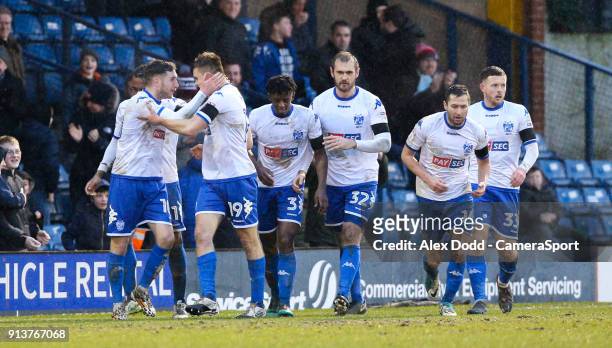 Bury's George Miller celebrates after scoring the equaliser during the Sky Bet League One match between Bury and Blackpool at Gigg Lane on February...