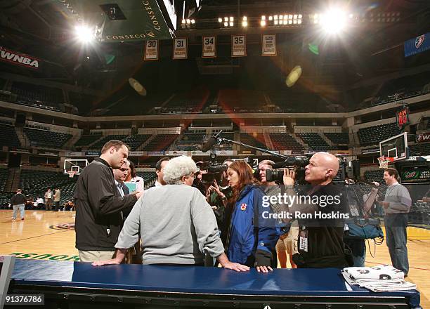 Lin Dunn, head coach of the Indiana Fever speaks with the media during practice prior to Games Three of the WNBA Finals at Conseco Fieldhouse on...