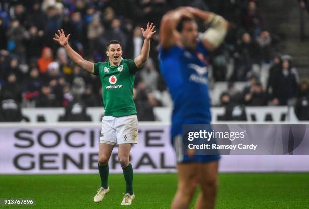 Paris , France - 3 February 2018; Jonathan Sexton of Ireland reacts after kicking the match winning drop goal during the NatWest Six Nations Rugby...