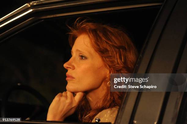 Portrait of American actress Jessica Chastain as she sits in a car on the set of the film 'Texas Killing Fields' , New Orleans, Louisiana, 2011.