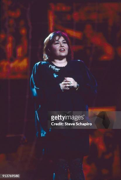 View of American actress Roseanne Barr on stage at the Women in Film Crystal & Lucy Awards, Los Angeles, California, 1997. She was one of three...