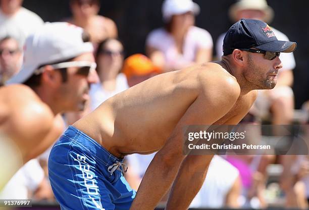 Phil Dalhausser and Todd Rogers of USA await a serve in the gold medal match against Brazil in the AVP Crocs Tour World Challenge at the Westgate...