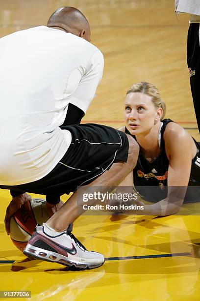Penny Taylor of the Phoenix Mercury speaks with Mercury head coach Cory Gains during practice prior to Games Three of the WNBA Finals at Conseco...
