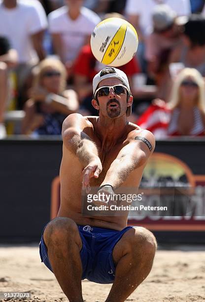 Todd Rogers of USA passes the ball during the gold medal match against Brazil in the AVP Crocs Tour World Challenge at the Westgate City Center on...
