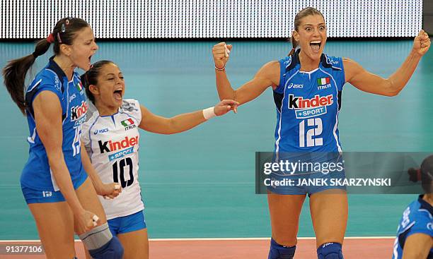 Antonella Del Core, Paola Cardullo and Francesca Piccinini of Italy react after winning against Germany during semi final European Women Volleyball...