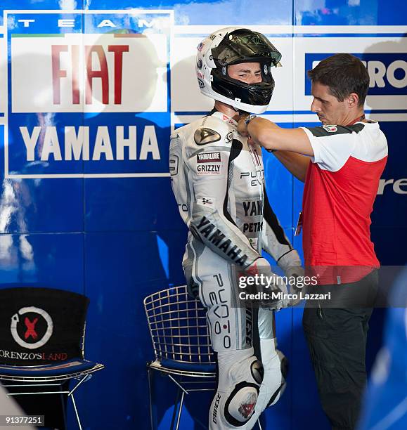 Jorge Lorenzo of Spain and Fiat Yamaha Team prepares to start in box during the qualifying practice session ahead of the MotoGP of Portugal at the...