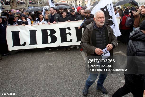 Nationalist Charles Pieri takes part in a demonstration calling for greater dialogue and negotiations between France and Corsica on February 3, 2018...