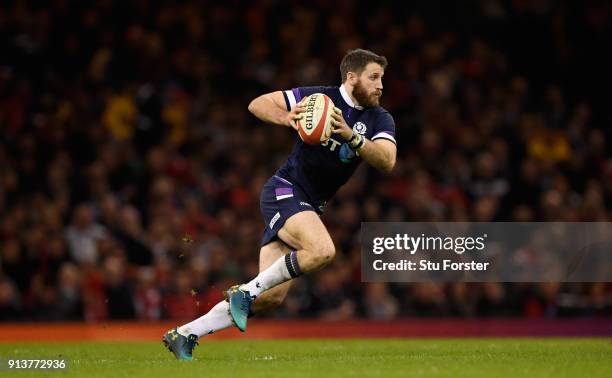 Scotland wing Tommy Seymour in action during the NatWest 6 Nations game between Wales and Scotland at Principality Stadium on February 3, 2018 in...