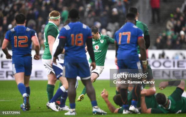 Paris , France - 3 February 2018; Jonathan Sexton of Ireland kicks the match winning drop goal during the NatWest Six Nations Rugby Championship...