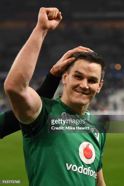 Jonathan Sexton of Ireland salutes the Irish fans after dropping a long range goal to win the match for Ireland in the NatWest Six Nations match...