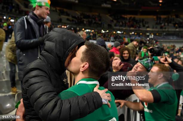 Jonathan Sexton of Ireland kisses his wife Laura after dropping a long range goal to win the match for Ireland in the NatWest Six Nations match...