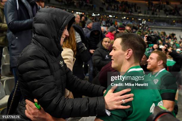Jonathan Sexton of Ireland embraces his wife Laura after dropping a long range goal to win the match for Ireland in the NatWest Six Nations match...