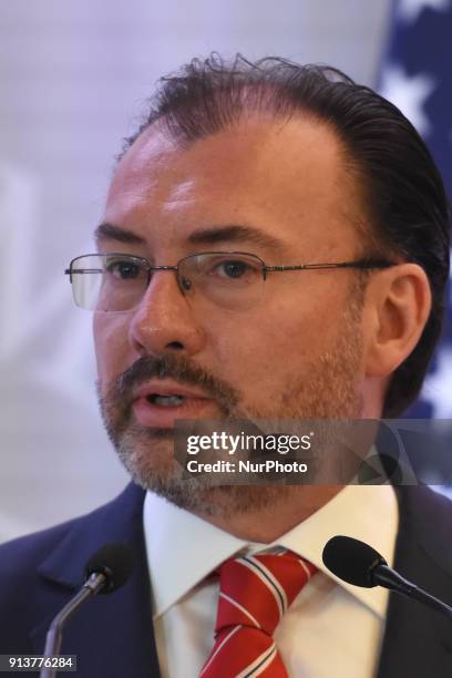 Minister of Foreign Affairs of Mexico Luis Videgaray is seen speaking during a press conference of North American Foreign Ministers Meeting at...