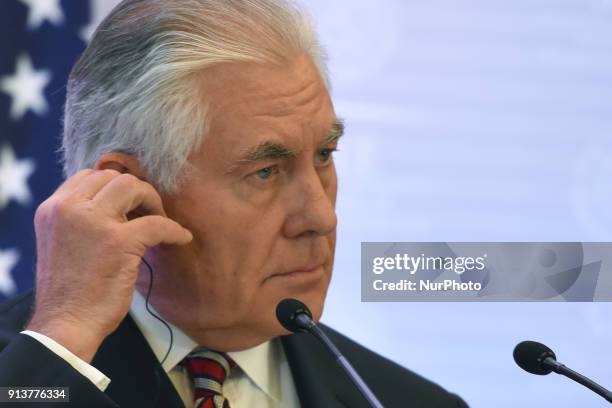 Secretary of State Rex Tillerson is seen speaking during a press conference of North American Foreign Ministers Meeting at Foreign Affair on February...