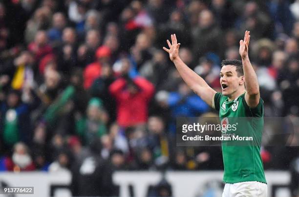 Paris , France - 3 February 2018; Jonathan Sexton of Ireland celebrates kicking a last second drop goal to win the game during the NatWest Six...