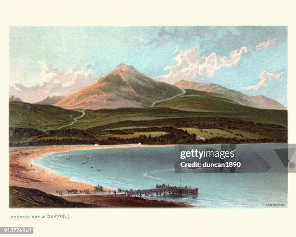 brodick bay and goat fell, scotland, 19th century - ayrshire stock illustrations