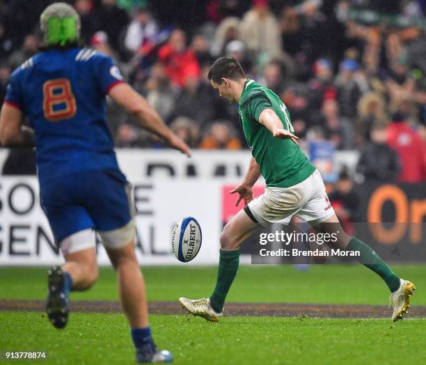 Paris , France - 3 February 2018; Jonathan Sexton of Ireland kicks a last second drop goal to win the game during the NatWest Six Nations Rugby...