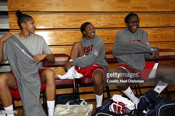 Candace Parker, Candice Wiggins and Crystal Langhorne of the USA Women's Senior Basketball National Team share a laugh during USA Women's Senior...