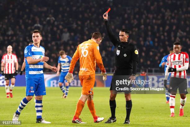 Mickey van der Hart of PEC Zwolle receives a red card from referee Serdar Gozubuyuk during the Dutch Eredivisie match between PSV v PEC Zwolle at the...