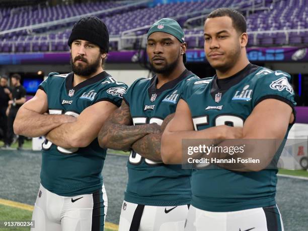 Joe Walker, Nigel Bradham and Jordan Hicks of the Philadelphia Eagles pose for a photo during Super Bowl LII practice on February 3, 2018 at US Bank...