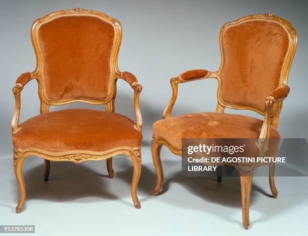 Pair of Louis XVI style cabriolet armchairs in molded and carved natural wood, with little flowers and acanthus leaves; arched armrests and legs,...