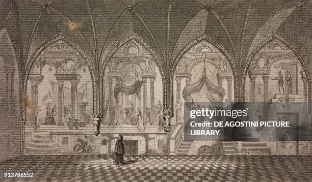 Refectory of Saint Michael's Abbey, demolished in 1831, Antwerp, Belgium, engraving by Lemaitre from Belgique et Hollande, by Van Hasselt, L'Univers...